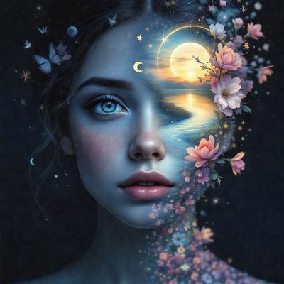 The primary subject of the image is a woman with blue eyes, who is the main focus of the scene. She is surrounded by a beautiful and colorful environment, which includes a moon, a sun, and a beach. The visual style of the image is digital art, as it is a well-crafted and detailed illustration. The colors and mood of the image are serene and calming, with the blue eyes of the woman and the soft, pastel colors of the background creating a peaceful atmosphere.